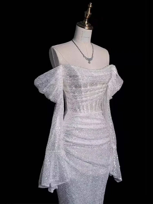 Robe de mariée longue à paillettes et épaules dénudées, style sirène, robe de bal, MD7650