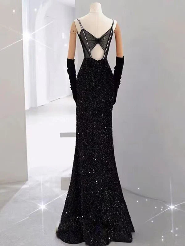 Robe de soirée longue sirène à bretelles noires et sequins MD7655