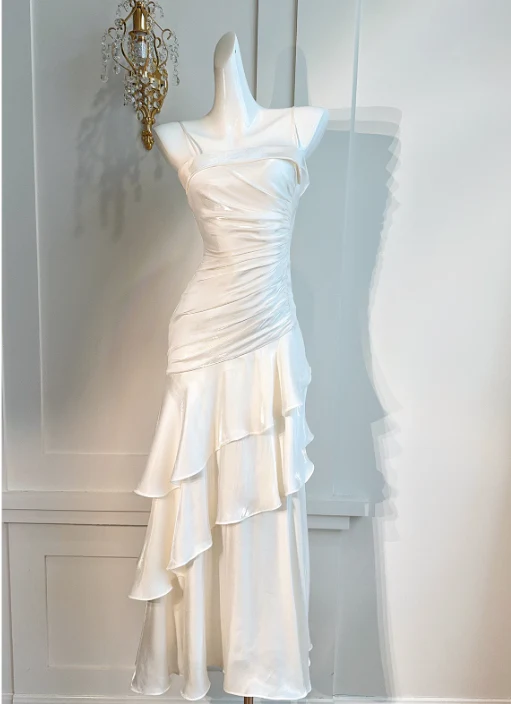 Spaghetti Straps Sheath Chiffon White Long Party Dress Birthday Outfits MD7659