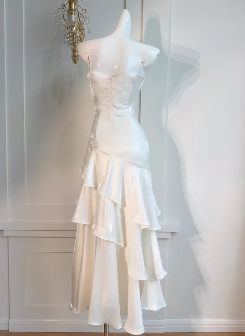 Spaghetti Straps Sheath Chiffon White Long Party Dress Birthday Outfits MD7659