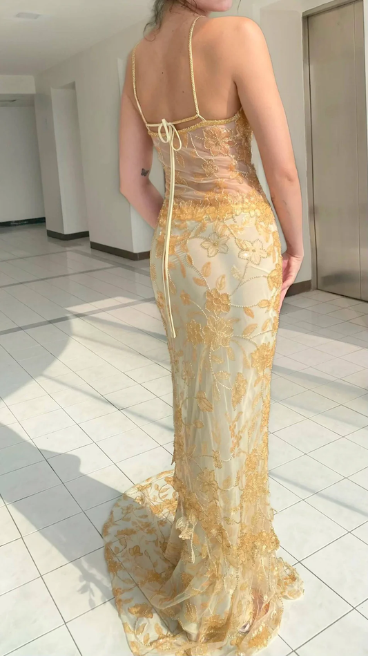 Robe de soirée longue sirène jaune clair à bretelles et dentelle perlée MD7660