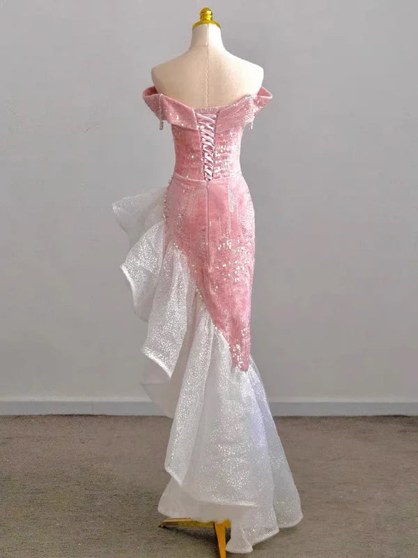 Robe de bal longue sirène rose en velours à épaules dénudées et volants MD7667