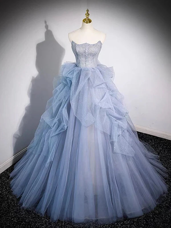 Robe de bal longue en tulle bleu sans bretelles, coupe trapèze, MD7669