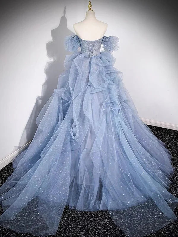 Robe de bal longue en tulle bleu sans bretelles, coupe trapèze, MD7669