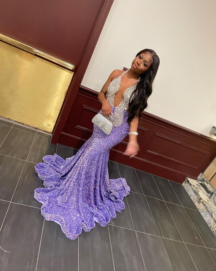 Robe de soirée longue sirène noire à paillettes et perles, col licou, lilas, MD7670