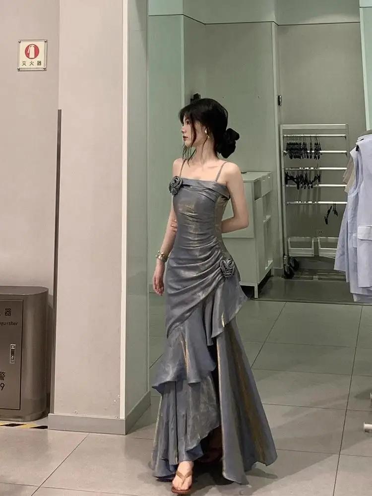 Robe de soirée longue fourreau grise à bretelles spaghetti, style vintage, en mousseline de soie, MD7685