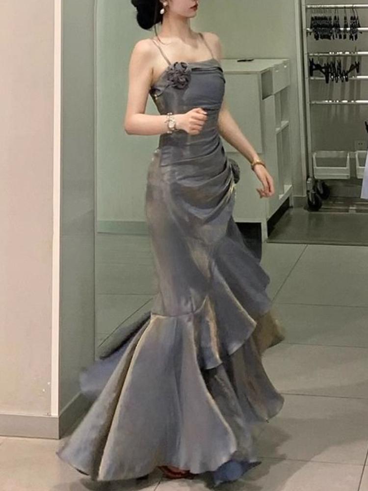 Robe de soirée longue fourreau grise à bretelles spaghetti, style vintage, en mousseline de soie, MD7685