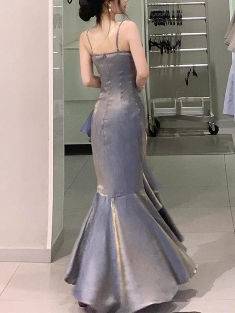 Robe de soirée longue fourreau grise à bretelles spaghetti, style vintage, en mousseline de soie, MD7685