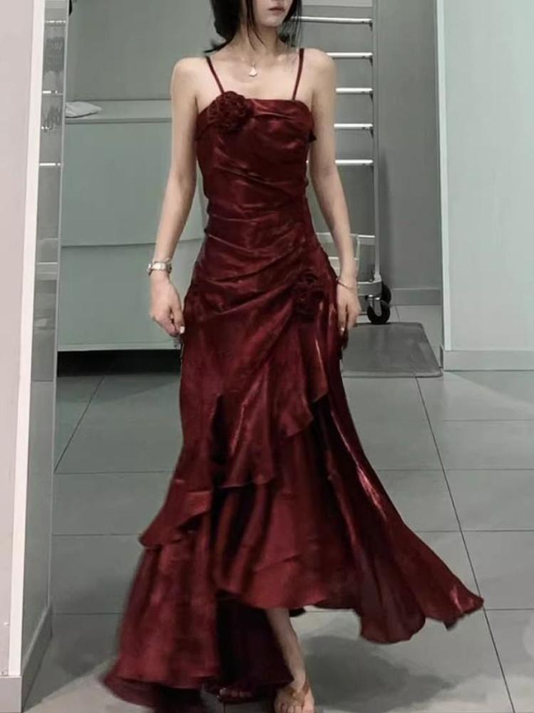 Robe de soirée longue fourreau vintage en mousseline de soie rouge vin à bretelles spaghetti MD7686