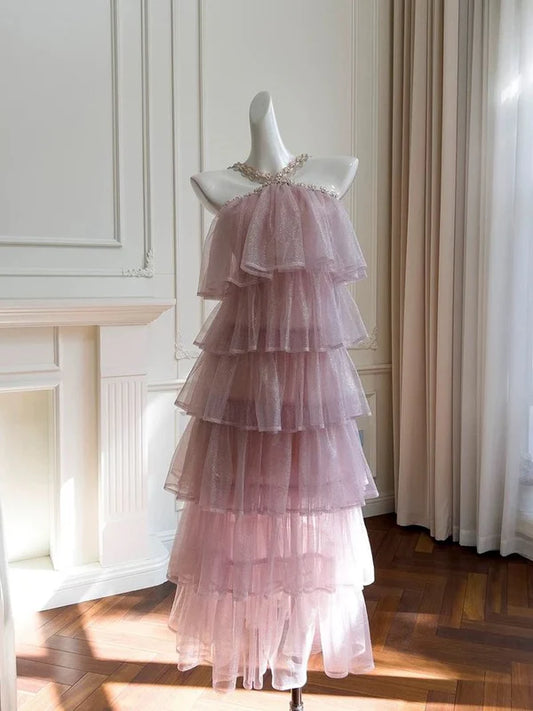 Robe de soirée rose à dos nu et coupe trapèze, effet superposé, brillante, tenue d'anniversaire, MD7688
