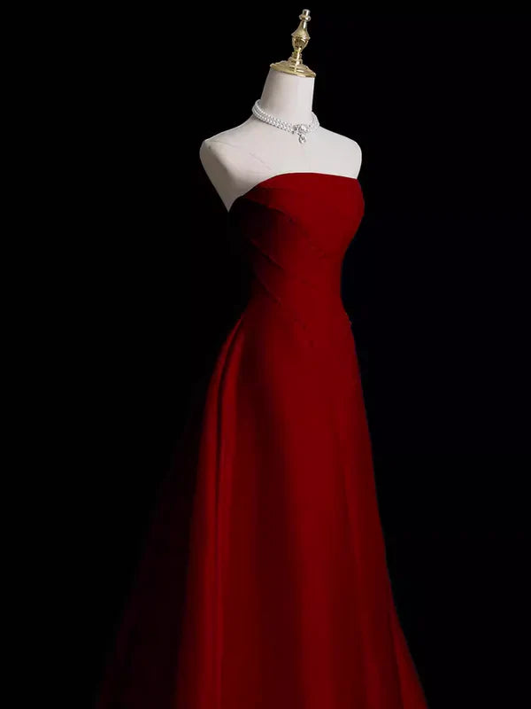 Charming Red Strapless A-Line Long Satin Prom Dress Evening Gown MD7689