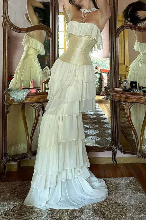 Elegant Ivory Strapless Tiered Mermaid Long Party Dress Birthday Gown MD7691