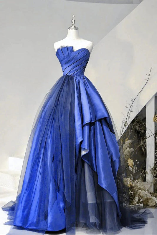 Robe de soirée longue bleue bustier coupe trapèze MD7692