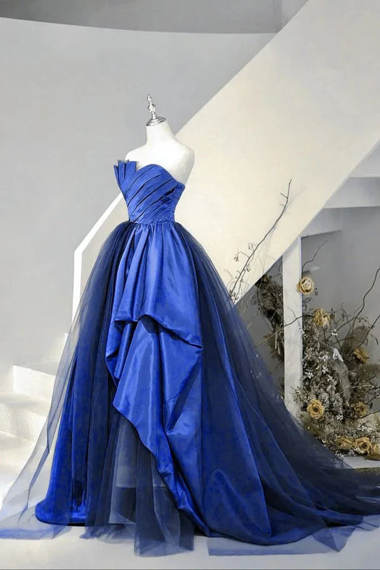 Robe de soirée longue bleue bustier coupe trapèze MD7692