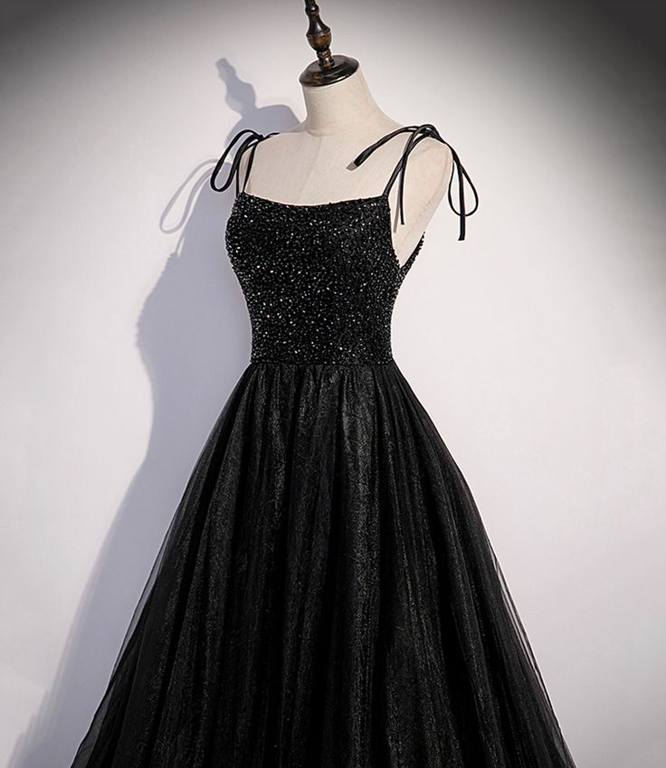 Robe de soirée longue noire en tulle et sequins, coupe trapèze, bretelles, robe de bal MD7693