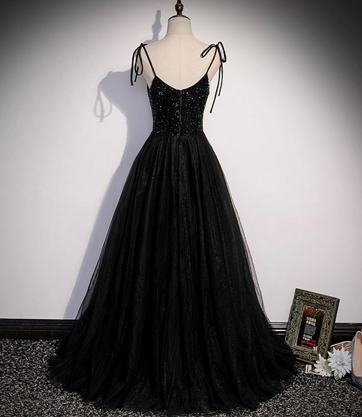 Robe de soirée longue noire en tulle et sequins, coupe trapèze, bretelles, robe de bal MD7693