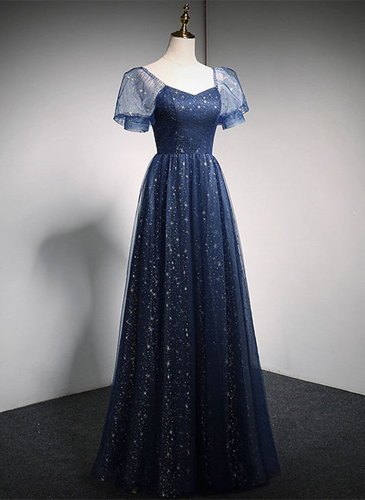 Robe de soirée longue en tulle bleu marine brillant, coupe trapèze, MD7695