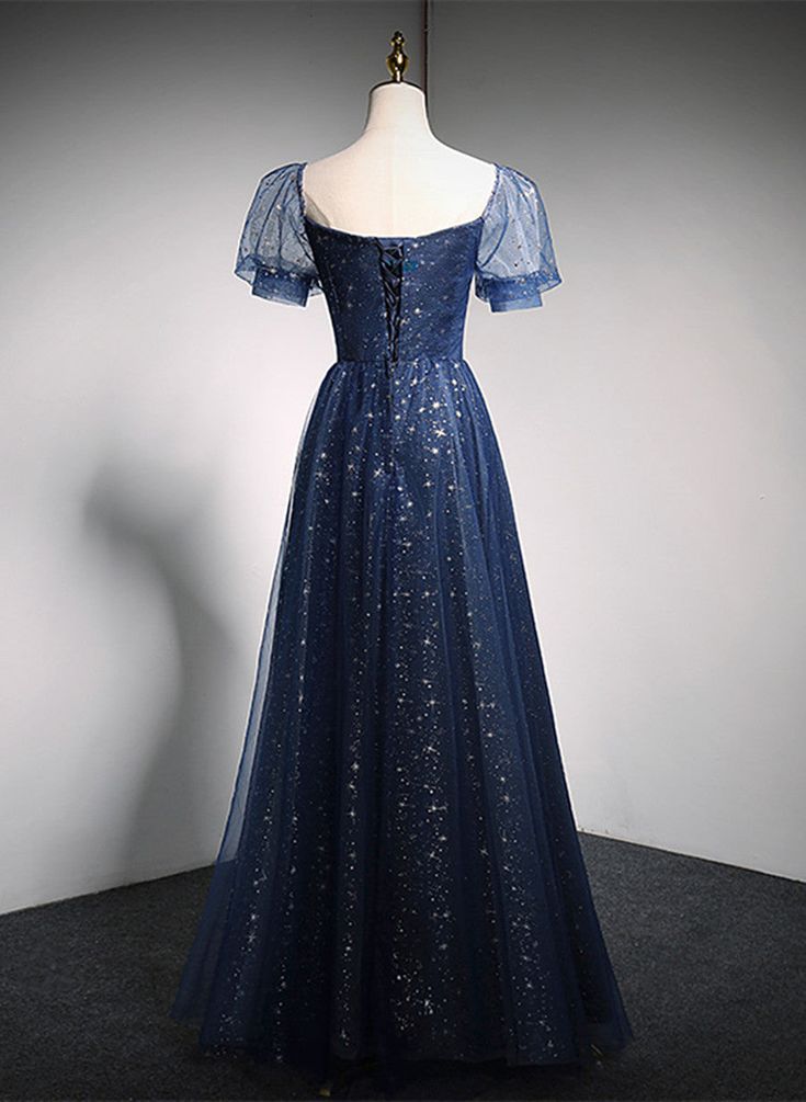 Robe de soirée longue en tulle bleu marine brillant, coupe trapèze, MD7695