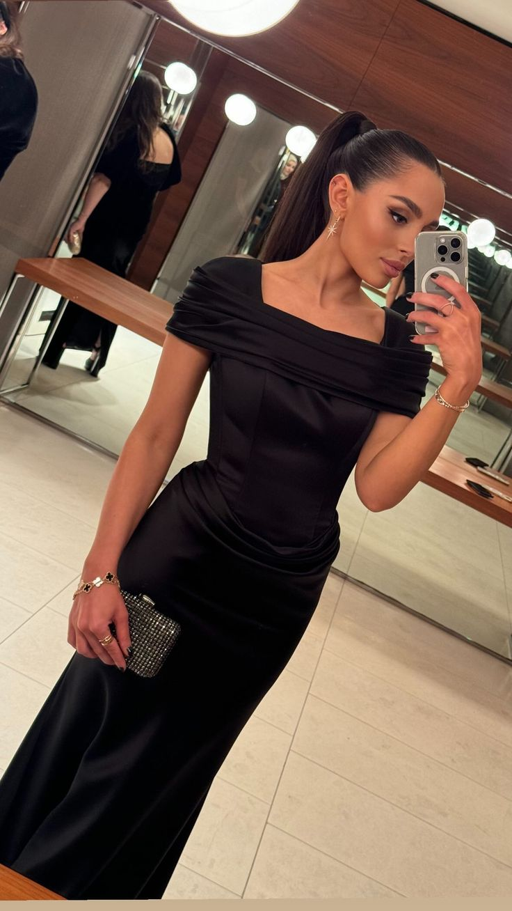 Robe de soirée longue en satin noir à manches courtes et élégante, style sirène, MD7698