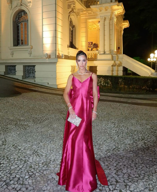 Robe de soirée longue en satin rose vif, col en V, coupe trapèze, nœud papillon, MD7699
