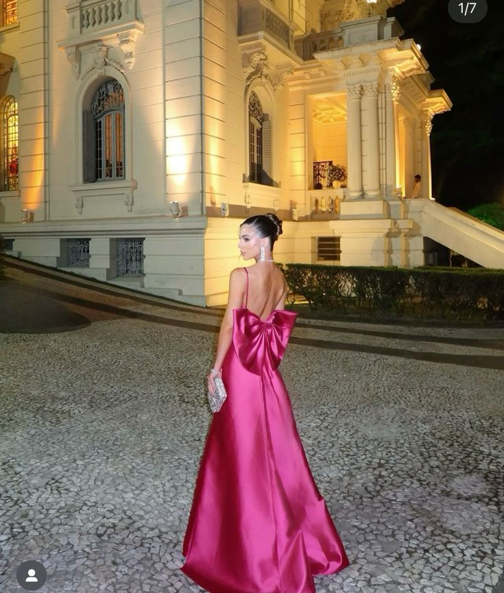 Robe de soirée longue en satin rose vif, col en V, coupe trapèze, nœud papillon, MD7699
