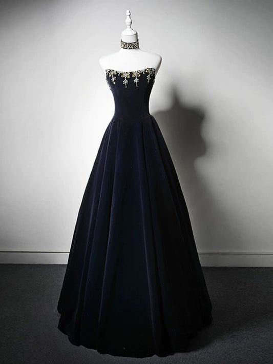 Robe de soirée longue en velours bleu marine foncé, coupe trapèze, sans bretelles, MD7700