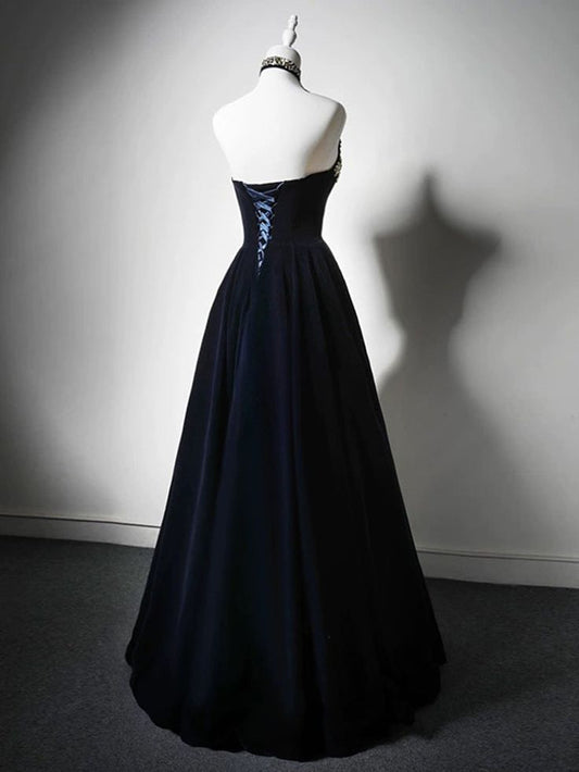 Robe de soirée longue en velours bleu marine foncé, coupe trapèze, sans bretelles, MD7700