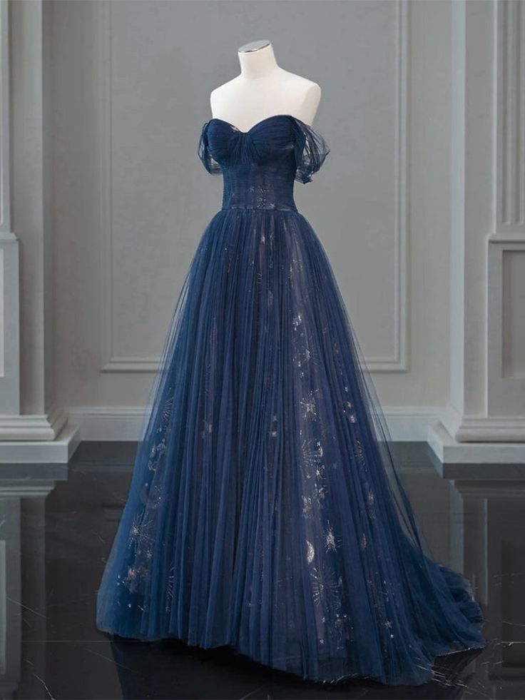 Robe de soirée longue bleu marine en tulle à épaules dénudées et coupe trapèze MD7701