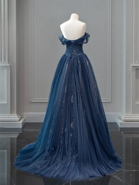 Robe de soirée longue bleu marine en tulle à épaules dénudées et coupe trapèze MD7701