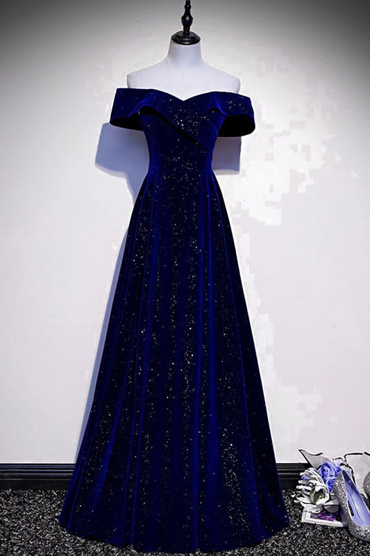 Robe de soirée longue en velours bleu roi à épaules dénudées et coupe trapèze MD7702