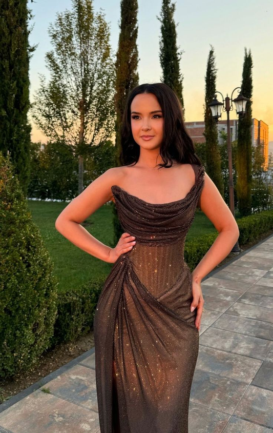 Superbe robe de soirée longue et brillante style sirène marron à une épaule MD7705