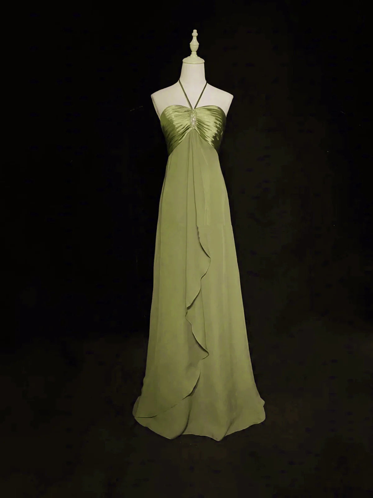 Robe de soirée longue vintage en mousseline de soie, coupe trapèze, dos nu, verte, MD7706