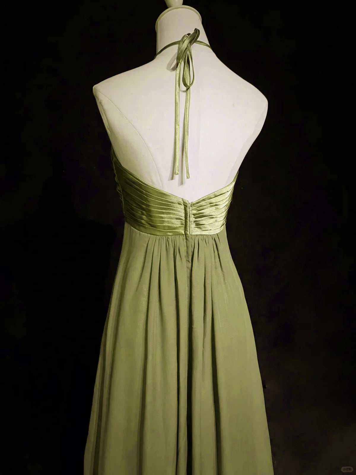 Robe de soirée longue vintage en mousseline de soie, coupe trapèze, dos nu, verte, MD7706