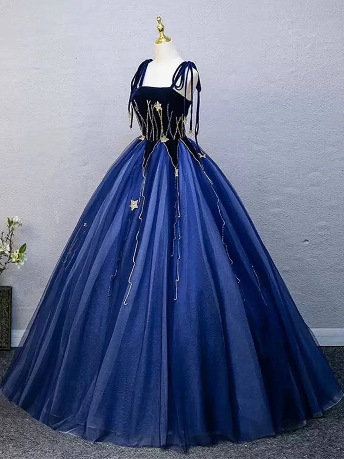 Navy Blue Straps A-Line Tulle Formal Ball Gown Evening DressMD7707
