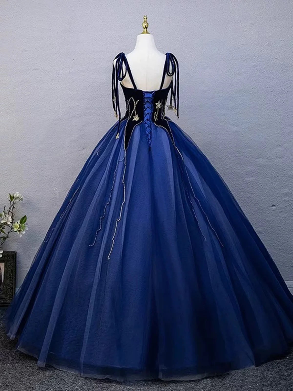 Navy Blue Straps A-Line Tulle Formal Ball Gown Evening DressMD7707