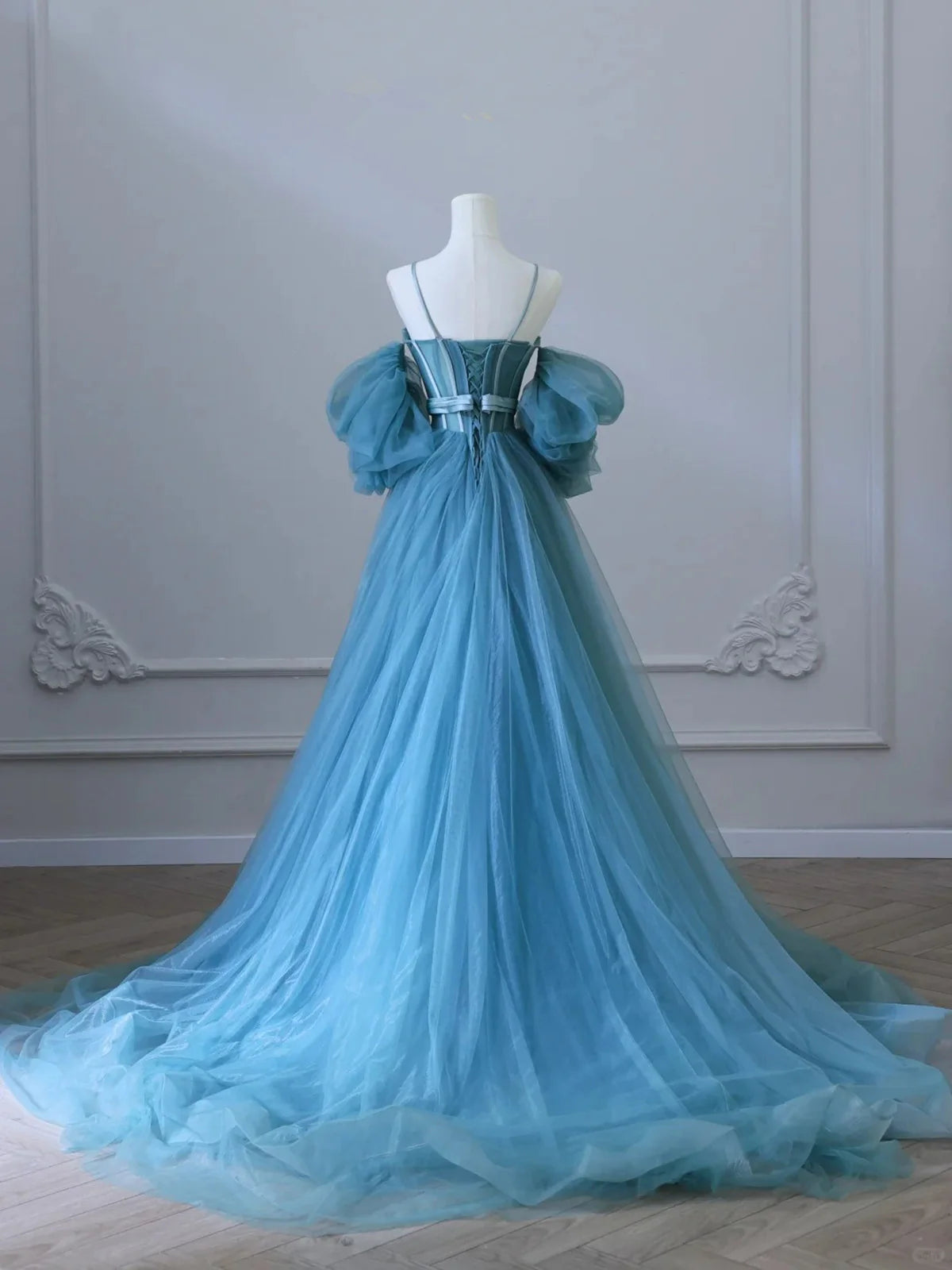 Blue Spaghetti Straps A-Line Tulle Long Formal Party Dress MD7708