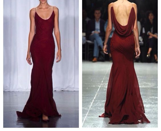 Burgundy Spaghetti Straps Open Back Mermaid Long Formal Evening Gown MD7709