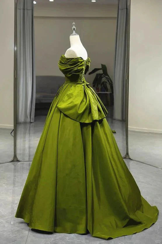 Robe de soirée longue en satin vert à épaules dénudées et coupe trapèze, robe de bal formelle MD7712