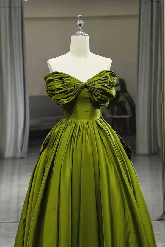 Robe de soirée longue en satin vert à épaules dénudées et coupe trapèze, robe de bal formelle MD7712