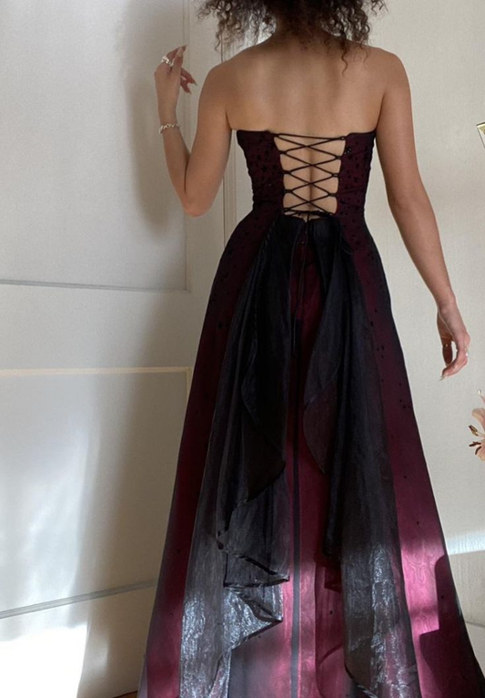 Robe de soirée longue vintage bordeaux bustier coupe trapèze MD7717