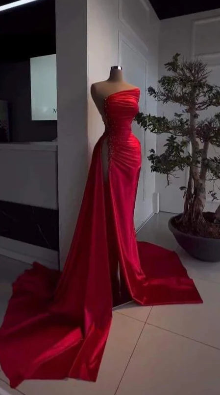 Robe de bal longue en satin rouge sexy avec fente haute et perles MD7718
