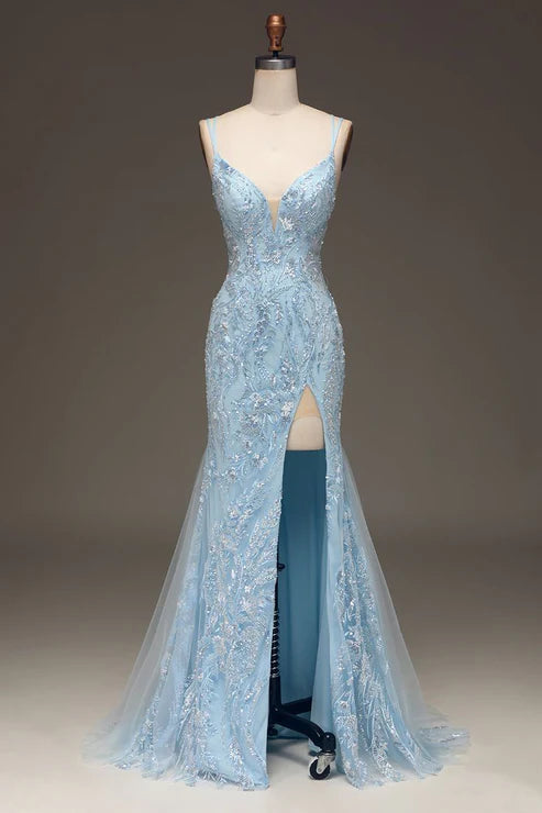 Robe de bal bleu clair à paillettes et perles, robe de soirée formelle avec fente MD7719