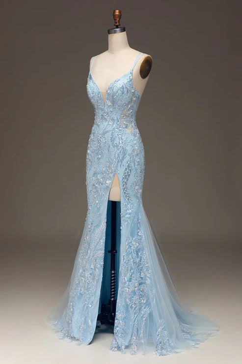 Robe de bal bleu clair à paillettes et perles, robe de soirée formelle avec fente MD7719