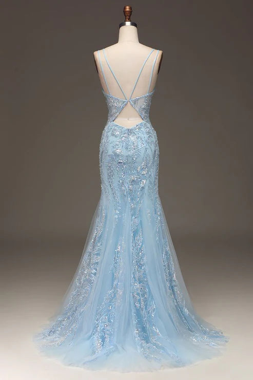 Robe de bal bleu clair à paillettes et perles, robe de soirée formelle avec fente MD7719
