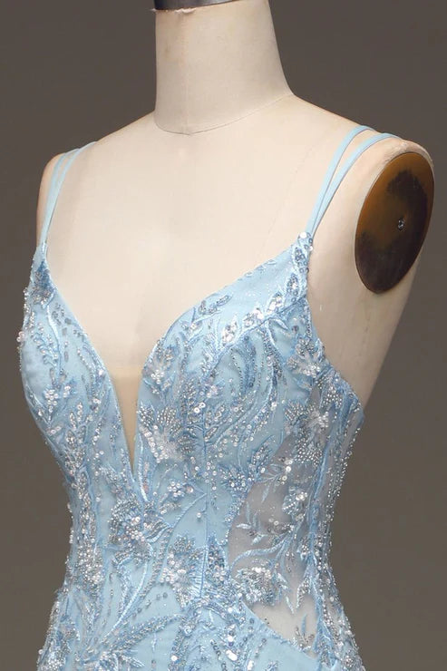 Robe de bal bleu clair à paillettes et perles, robe de soirée formelle avec fente MD7719