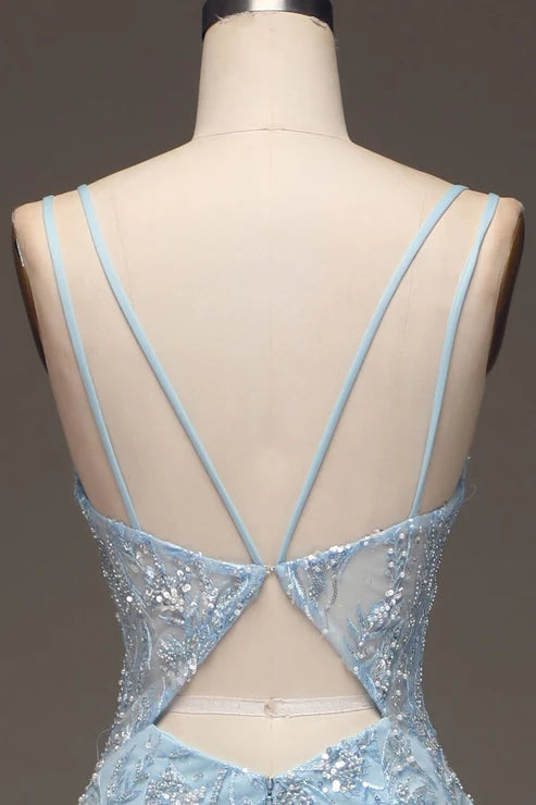 Robe de bal bleu clair à paillettes et perles, robe de soirée formelle avec fente MD7719