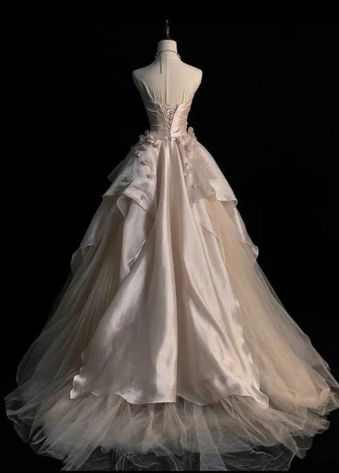 Pearl Pink Strapless A-Line Tulle Long Party Gown with Pearls MD7720