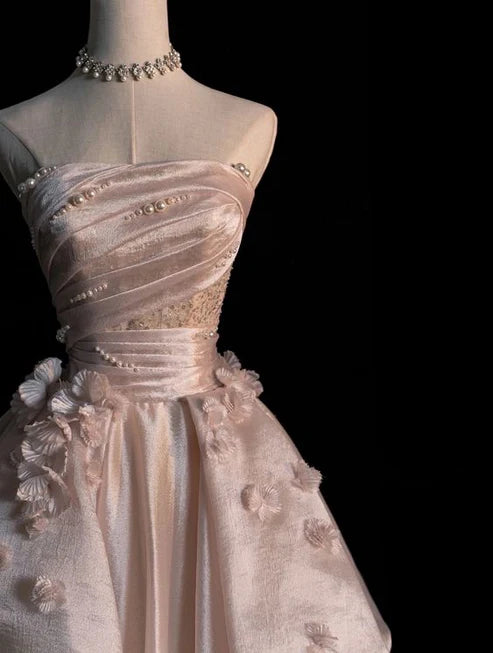 Robe de soirée longue bustier en tulle rose perle avec perles, coupe trapèze, MD7720