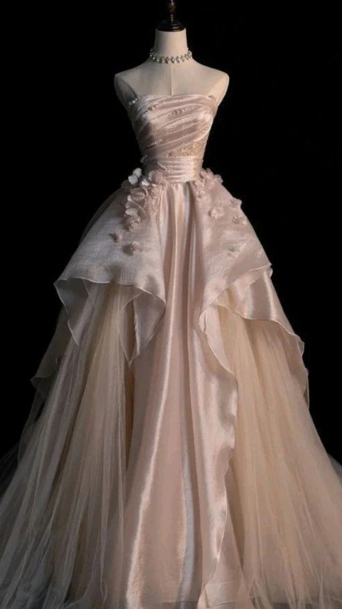 Robe de soirée longue bustier en tulle rose perle avec perles, coupe trapèze, MD7720