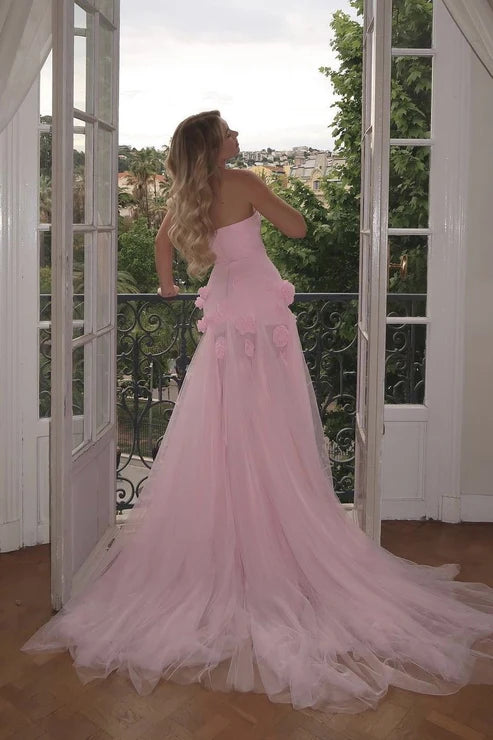 Robe de bal sirène longue en tulle rose sans bretelles, motif floral 3D, avec fente MD7721